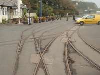 Intricate trackwork outside the horse tram depot at Derby Castle at the north end of Douglas promenade. [See image 16283] from 1996, which makes an interesting comparison with this <I>out of season</I> picture, not least because the Summerland complex has now been demolished which means the Manx Electric depot can be seen from here.<br><br>[Mark Bartlett 08/10/2010]