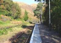 View along the platform at Lochailort station in October 2010. The station once had two platforms and a passing loop, but has now been reduced to a single platform with a basic shelter.<br>
<br><br>[John Gray /10/2010]