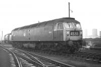 Class 47 no 1640 stands on Polmadie shed on 14 February 1970. The locomotive was allocated to Old Oak Common at the time and had worked in on car train 4S35, the 15.58 MXQ from Morris Cowley to Linwood.<br>
<br><br>[Bill Jamieson 14/02/1970]