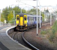 The most unusual sight of a DMU on the Argyle Line, though it only <br>
travelled on it the few hundred yards between Strathclyde Junction (not nearly as important as it sounds) and Rutherglen Central Junction. 156 510 pulls into Rutherglen ECS to form a service to Whifflet during engineering work diversions on Saturday 16 October.<br>
<br><br>[David Panton 16/10/2010]