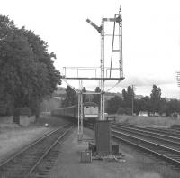 The Kyle train leaves Dingwall in August 1966 with the observation car framed by the splitting starter.<br>
<br><br>[Colin Miller /08/1966]
