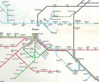 Extract from the BR Passenger Network Map for 1978 showing the <br>
Glasgow area. The Argyle Line wasn't to open until the following year and it's odd to think of a time when the North Clyde lines had no connection with the south. Note the Bridgeton branch: Bridgeton then meant the old Bridgeton Central whereas the 1979 Bridgeton was formerly Bridgeton Cross. Springburn is portrayed as a terminus, which in terms of passenger services it was. Odd that the line from there to Cumbernauld is shown with some geographic fidelity for a diagram, whereas Wishaw's position has been misleadingly simplified.<br>
<br><br>[David Panton //1978]