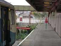 A class 143 at the stop sign on the only platform remaining at Barry Island.<br><br>[John Thorn 28/10/2010]