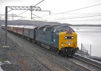 Deltic 55022 <I>Royal Scots Grey</I> with 'The West Lothian Pioneer' heading east towards Bathgate on 6 November 2010 along the south shore of Hillend reservoir on the recently completed Airdrie - Bathgate line.<br>
<br><br>[Bill Roberton 06/11/2010]