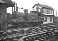 Caley 0-4-4 tank no 55198 takes on water alongside Inverness Loco signal box shortly before its withdrawal from service in May 1961. [With thanks to Bill Jamieson]<br>
<br><br>[Frank Spaven Collection (Courtesy David Spaven) //1961]