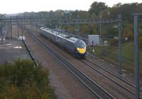 One of the Hitachi Class 395 high speed electric sets operated by <br>
Southeastern is seen on HS1 heading through Kent on a St Pancras to Ramsgate service on 28 October 2010.<br>
<br><br>[John McIntyre 28/10/2010]