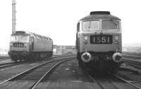 Scene at Haymarket depot in October 1969, featuring two class 47s which had worked into Waverley earlier in the day on Anglo-Scottish expresses. On the left is Immingham based no 1863 off the 08.40 from Leeds, alongside D1976 which had brought in the the 07.20 from York. <br><br>[Bill Jamieson 22/10/1969]