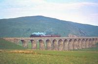 A BR Standard Class 4 2-6-4T takes the down 6.13pm  Carlisle - Hawick stopping train over Shankend Viaduct in the 1960s.<br><br>[Robin Barbour Collection (Courtesy Bruce McCartney) //]