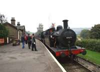 Ex LMS 0-6-0T 'Jinty' no 47279 pilots WD 2-8-0 no 90733 into <br>
Oakworth station on 9 October 2010.<br>
<br><br>[John McIntyre 09/10/2010]