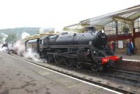 The only Caprotti valve geared Standard 5 4-6-0 still in <br>
existence, no 73129, normally on the Midland Railway, is seen at Keighley on 9 October 2010 having just arrived with the 1455 hrs from Oxenhope.<br>
<br><br>[John McIntyre 09/10/2010]