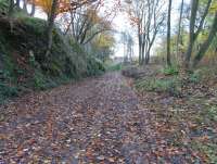 A short stretch of the trackbed of the short-lived mineral line from <br>
Kinghorn to Binnend Oilworks, photographed on 6 November, looking west. The line curved right under the B923, in the middle distance, and climbed to the works which closed in 1893/4. Of the works there <br>
is not a trace, but up the hill are fragments of the ghost village of Binnend. It once had a population of several hundred workers, and survived closure of the works with the last resident not moving out until the 1950s. It was also used as holiday cottages, which must have been pretty basic as there was no mains anything, including water, and no road access. After abandonment it was used as target practice by the TA!<br>
<br><br>[David Panton 06/11/2010]