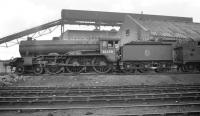 Gresley B17 4-6-0 no 61658 <I>The Essex Regiment</I> standing in front of the unique coaling plant at Stratford shed in the late 1950s. The ramp in the background is carrying coal on a conveyor belt from a large underground storage facility (fed by wagons via rotary tippler) up to the 800 ton capacity reinforced concrete storage bunkers. The bunkers were fitted with 8 discharge chutes on either side allowing up to 7 locomotives (dependent on size) to be coaled at any one time. The coaling plant, brought into use in 1922, required 12 men to operate it - compared with the 32 previously deployed on coaling activities at Britain's largest shed.<br>
<br><br>[K A Gray //]
