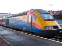 Power car 43066 in East Midlands Trains livery on the rear of an Aberdeen-Leeds HST service pauses at Arbroath on 31 December 2010.<br><br>[Sandy Steele 31/12/2010]