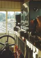 Interior of Pitlochry Signalbox in 1972, with the level crossing (for the coal yard) gate wheel at the far end of the frame.<br>
<br><br>[Bill Roberton //1972]