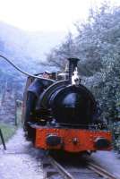 Talyllyn locomotive No. 3 <I>Sir Haydn</I> takes water at Dolgoch station. This locomotive, and sister engine No.4, had originally worked on the Corris Railway but were bought by the Talyllyn to supplement the two original locos on the line. <br><br>[David Hindle //1969]
