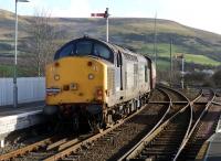 DRS locomotive no 37601 brings up the rear of the Pathfinder Tours <I>Galloway Galloper</I> as it leaves Girvan for Stranraer on Saturday 12 February 2011. (DRS 37607 was on the front of the special.) [See image 32756]<br><br>[Colin Miller 12/02/2011]