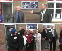 Cupar Heritage chairman Guthrie Hutton at the opening of the new Cupar Heritage Centre on 14 April 2012 seen (above) introducing Sir Bob Reid and (below) with some of the local volunteers who have been involved with the project [see adjacent news item].<br><br>[John Yellowlees 14/04/2012]