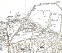 This is an extract from an Air Raid Precautions edition map of <br>
Edinburgh at a special scale. There's no publication date, but the <br>
imprint date appears to be 1947 which makes me wonder what the <br>
government was thinking. Anyway the once-important port of Granton is hoaching with railway lines. Pilton Junction West serves the gasworks, which once had its own station (where it says 'FB'). The CR branch split again at the romantic-sounding Breakwater Junction (and I doubt very much whether that sheepfold was really still there in 1947).Granton [Harbour] station is shown as open, but it had closed in 1930.<br>
<br><br>[David Panton //1947]