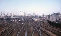 The Aberdeen skyline in this early 1973 view north, with the passenger station to the left and Guild Street freight depot / Freightliner Terminal to the right.<br>
<br><br>[David Spaven //1973]