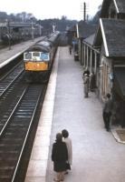 A Birmingham Type 2 slows the 08.40 Struan-Perth local stopping service (a casualty of the Beeching Report two years later) into Blair Atholl on 23rd March 1963.<br><br>[Frank Spaven Collection (Courtesy David Spaven) 23/03/1963]