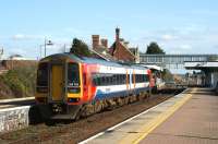 An East Midlands service from Nottingham to Skegness arrives at <br>
Sleaford station on 18 March 2011. This south Lincolnshire junction station has three platforms and two signalboxes (East and West), with a further two (North and South) in the immediate vicinity. <br>
<br><br>[John McIntyre 18/03/2011]