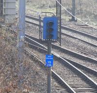 One signal which no driver wishes to see lit: the SPAD indicator YS214 at Bellgrove Junction, installed in the aftermath of the fatal crash in 1989 [see image 20555].If activated it would show three flashing red aspects. The surround is blue rather than black. Photographed on 26 March 2011.<br><br>[David Panton 26/03/2011]