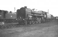 The short-lived BR Standard Pacific no 72000 <I>Clan Buchanan</I>, photographed in the shed yard at Polmadie in May 1959. Built at Crewe in 1951, withdrawn from Polmadie in 1962, cut up at Darlington in 1963.<br><br>[A Snapper (Courtesy Bruce McCartney) 16/05/1959]