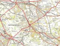 The environs of Motherwell on the 1957 OS One Inch map. There is still heavy industry about, and stations at Flemington and Wishaw South on the main line south of Motherwell and at Mossend to the north of the multiple junction (which mostly survives). Shieldmuir and Airbles stations are some way in the future however; Airbles doesn't even get a namecheck. The unnamed halt is Carfin - still there today. Crown copyright 1957.<br>
<br><br>[David Panton //1957]