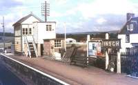 Platform view at Insch in 1979 looking towards the level crossing and Inverness.<br><br>[Ian Dinmore //1979]