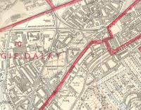The criss-cross of lines in the Dalry (Edinburgh) area as seen in the Bartholomew's six-inch to the mile city plan for 1953-54. Dalry Road station and the cramped shed can be seen, as can Gorgie station on the suburban circle. The main line out of Princes Street to Carlisle cuts across the extract, though rather masked by the thick red line as it formed a boundary between wards on the old Edinburgh Corporation.<br><br>[David Panton //1953]