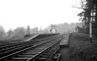 View north over Kershopefoot station, Cumbria, on the final Friday of operations over the Waverley route, 3 January 1969. The border lies just beyond the signal box / level crossing and follows the course of the Kershope Burn at this point. [See image 31490]<br>
<br><br>[K A Gray 03/01/1969]