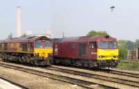 DBS 60040 <I>The Territorial Army Centenary</I> & 66081 stand in Didcot station yard on 21 April with Didcot power station in the left background.<br>
<br><br>[Peter Todd 21/04/2011]