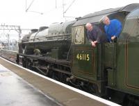 The footplate crew of 46115 <I>Scots Guardsman</I> waiting for the off at Glasgow Central on 21 April 2011 at the start of the journey to Preston via Dumfries on day 6 of 'The Great Britain IV' railtour. <br><br>[Mark Poustie 21/04/2011]