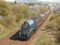 The morning SRPS <I>Forth Circle</I> special on Sunday 24 April seen speeding away from Cowdenbeath behind A4 Pacific no 60007 <I>Sir Nigel Gresley</I>.<br><br>[Bill Roberton 24/04/2011]