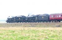 Black 5s 45407 + 44871 photographed near Dalwhinnie on 20 April with the <i>Great Btitain IV</i> special. <br><br>[Jim Peebles 20/04/2011]
