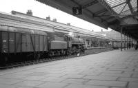 Looking towards the buffer stops along platform 3 at Aberystwyth in early 1967, showing BR Standard Class 4 4-6-0 no 75033 shortly after arrival with the down <I>Cambrian Coast Express</I>. Photographed during the train's last few days of steam haulage [see image 33910]. <br><br>[Robin Barbour Collection (Courtesy Bruce McCartney) //1967]