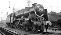 Stanier Royal Scot 4-6-0 no 46120 <I>Royal Inniskilling Fusilier</I> standing in the yard at Longsight shed, Manchester, thought to have been photographed in 1959. <br><br>[K A Gray //1959]