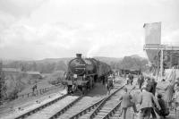 62005+D5160 at Redmire with the SLS <I>Three Dales Railtour</I> on 20 May 1967. The diesel had joined the rear of the train at Northallerton for the journey along Wensleydale in order to assist with the run-round manoeuvre at Redmire, where the loop was shorter than the train. With the run-round completed 62005+D5160 are seen ready to depart on the next leg of the tour to Darlington, at which point the diesel was released.<br><br>[Robin Barbour Collection (Courtesy Bruce McCartney) 20/05/1967]
