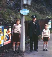 Shortly before the 30th April 1962 withdrawal of the Leith North-Princes Street passenger service, the photographer records a final scene at his local station, Granton Road, featuring his two sons and the Stationmaster. The solum of the line here now forms a walkway and cycle path [see image 1088].<br><br>[Frank Spaven Collection (Courtesy David Spaven) 30/04/1962]