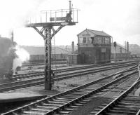 Carlisle No 4 signal box box seen looking north west from the end of platform 8 in 1967. The buildings beyond the low wall in the background stand in the ex-CR Viaduct goods yard.<br><br>[Robin Barbour Collection (Courtesy Bruce McCartney) //1967]