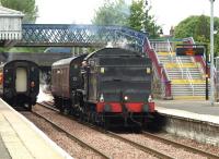K4 no 61994 <I>The Great Marquess</I> at Stirling on 13 May 2011 prior to joining forces with Black 5 no 45231 <I>The Sherwood Forester</I> standing at the platform on the left. The pair then headed off to Boness with their service coaches in preparation for the SRPS <I>West Highlander</I> railtour to Fort William the following day. [See image 34077]<br><br>[Brian Forbes 13/05/2011]
