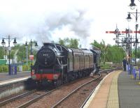 45231 <I>Sherwood Forester</I> (rear) and 61994 <I>The Great Marquess</I>, with service coaches in between, leave Stirling for Boness on 13 May 2011. [See image 34081]<br><br>[Brian Forbes 13/05/2011]