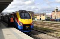 An East Midlands train bound for St Pancras stands at Derby on 14 May 2011. <br>
<br><br>[Peter Todd 14/05/2011]