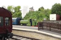Scene at Wirksworth station on the Ecclesbourne Valley Railway on 15 May 2011. Resident Barclay 0-4-0ST No 3 powers a shuttle service utilising a DMU coach.  <br><br>[Peter Todd 15/05/2011]