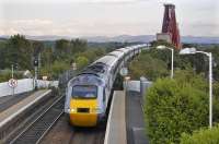 A balmy summer's evening in North Queensferry on 16 June sees the 16.00 East Coast service from Kings Cross to Aberdeen coming off the Forth Bridge and about to run through the station. The Pentland Hills form the horizon.<br><br>[Bill Roberton 16/06/2011]