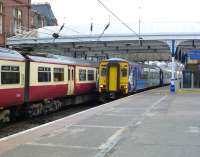 The 17.04 Kilmarnock to Stranraer leaving Ayr Platform 4 on 21 June 2011.<br><br>[Colin Miller 21/06/2011]