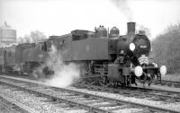 Photostop at Marchwood on the Southampton Central - Fawley branch on 9 April 1967 for the LCGB <I>'Hampshire Branch Lines Rail Tour'</I>. USA 0-6-0 tanks 30069+30064 had taken charge for this section of the tour.<br><br>[Robin Barbour collection (Courtesy Bruce McCartney) 09/04/1967]