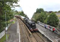 Ex-GWR 4-6-0 no 5029 <I>Nunney Castle</I> arriving at Dorchester West from Bristol on 17 July 2011 with the Railway Touring Company <I>'Weymouth Seaside Express'</I>.<br><br>[Peter Todd 17/07/2011]