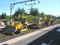 Plant line-up at Jordanhill station on 24 July 2011 during weekend track renewal work.<br><br>[Veronica Clibbery 24/07/2011]
