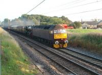 Problems with the second <I>Fellsman</I> of 2011 occurred on 27 July when 46115 <I>Scots Guardsman</I> failed at Carlisle with 'firebox problems'. WCRC 47760 was photographed at Woodacre having taken over the train for the return journey via the S&C with the 'Scot' in light steam. Despite the earlier problems the train was on time at this point. <br>
<br><br>[Mark Bartlett 27/07/2011]